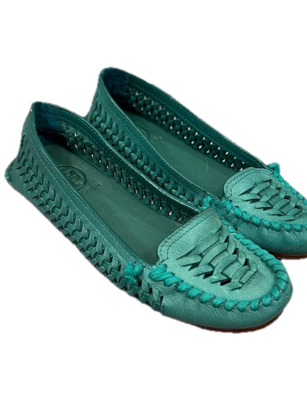 Tory Burch Turquoise Woven Leather Loafers Shoes Size 6